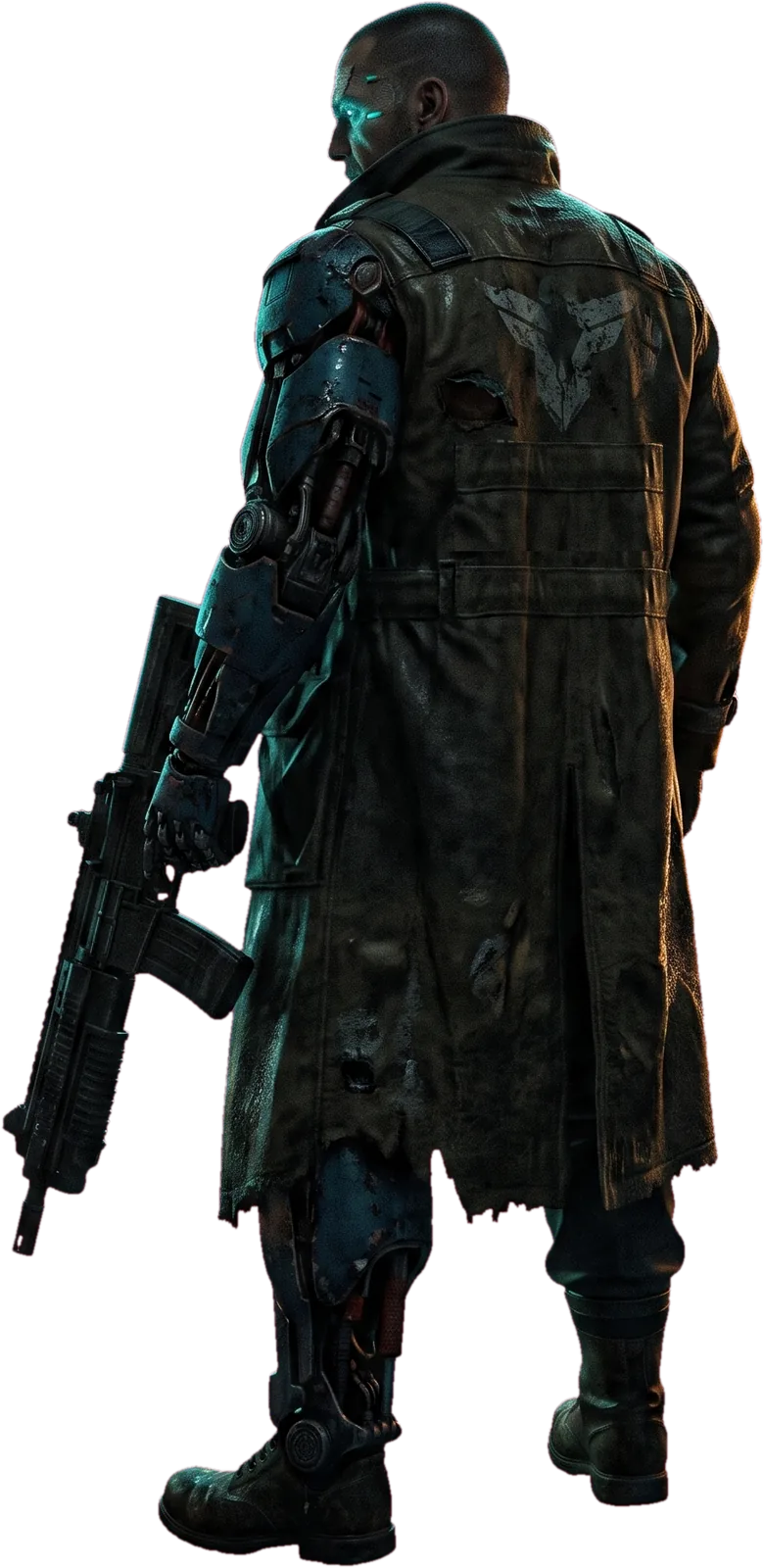 Emet Graves, a cybernetic mercenary, looking toward the Triarii Arcology